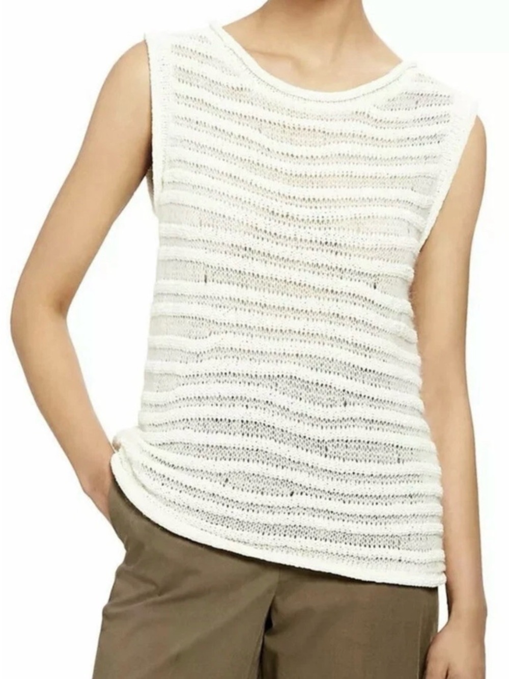 Theory Boatneck Shell White Open-Weave Sleeveless Tank